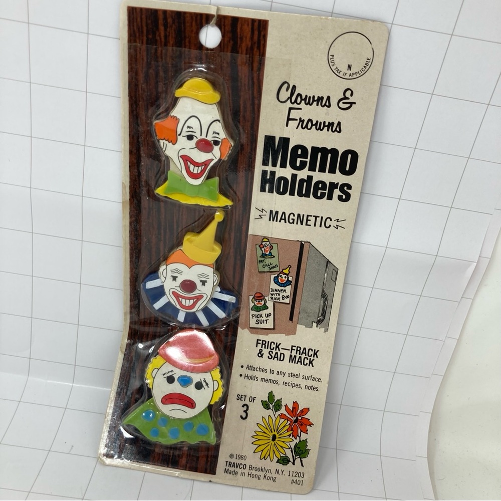 1980 🤡 Clowns & Frowns Magnetic Memo Holders travco brand unopened 3-pack